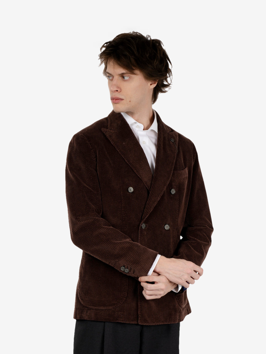 Blazer doppiopetto in velluto a coste mastice