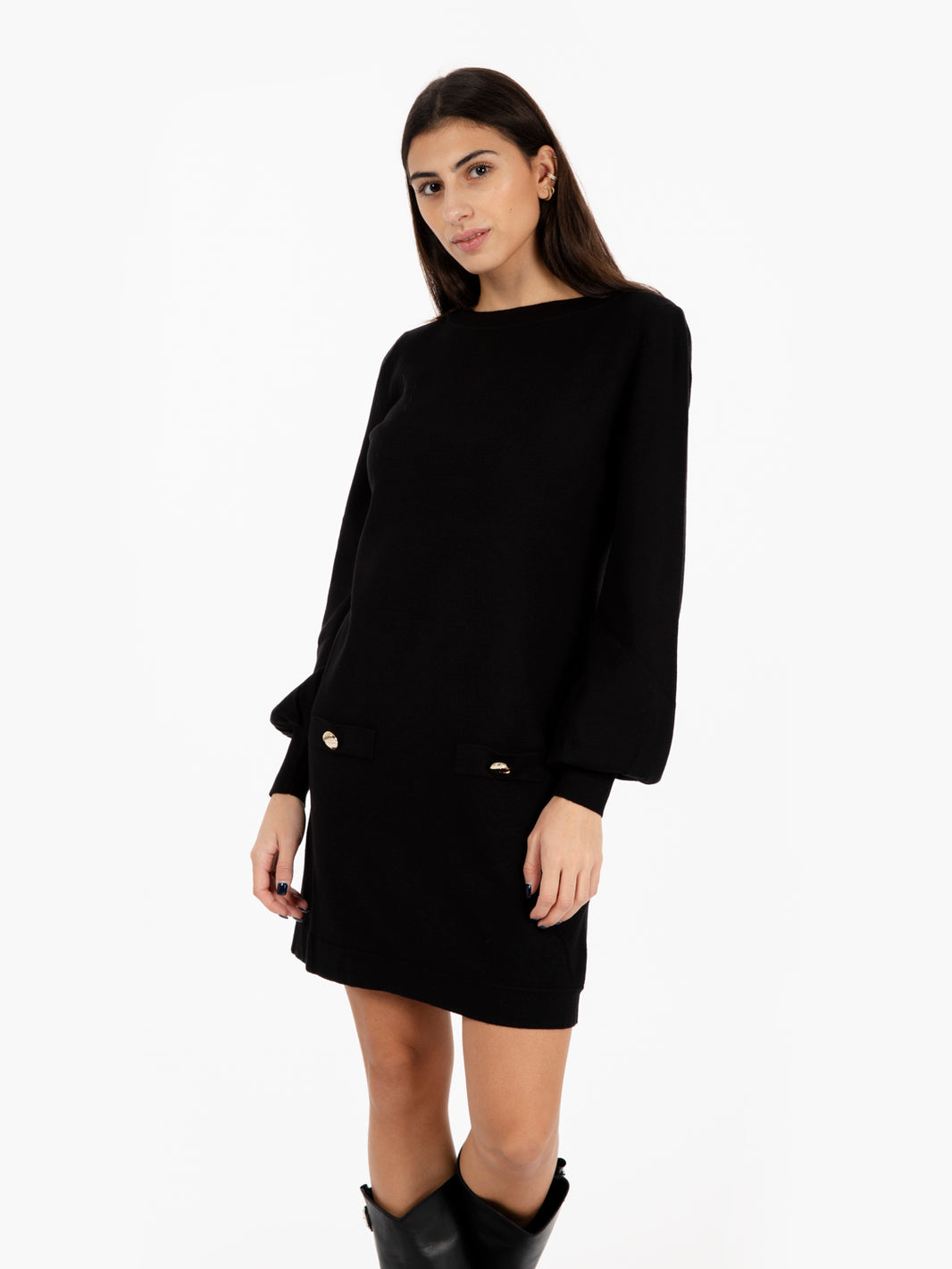 Black Button Up Knit Short Dress
