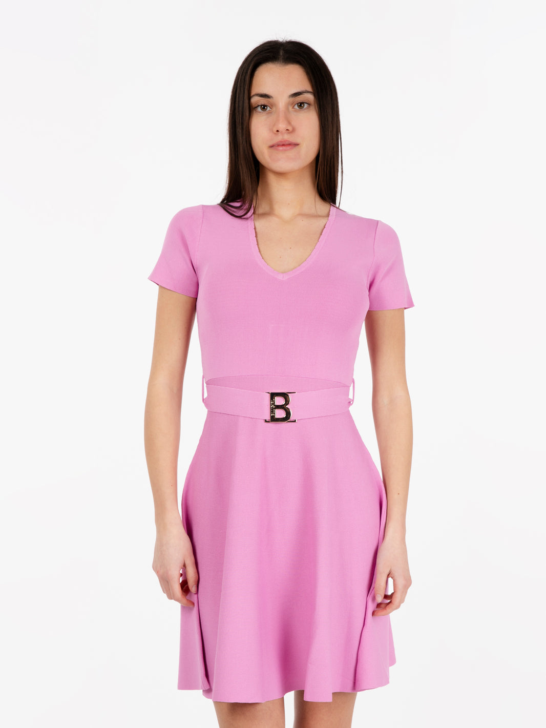 Knit dress with pink logo belt