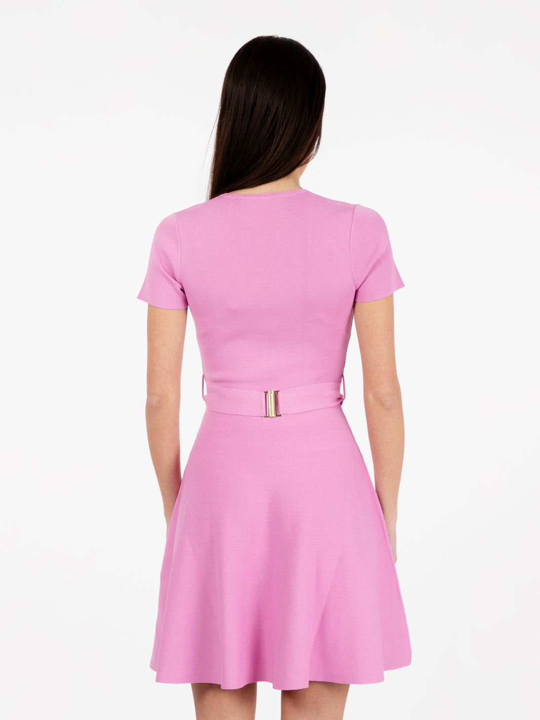 Knit dress with pink logo belt