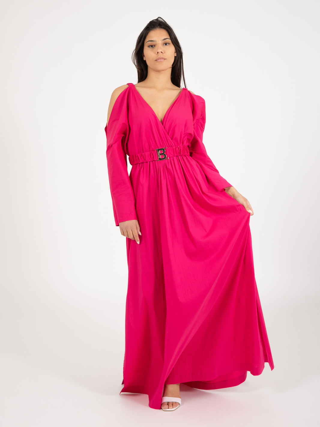 Deep pink long dress with belt