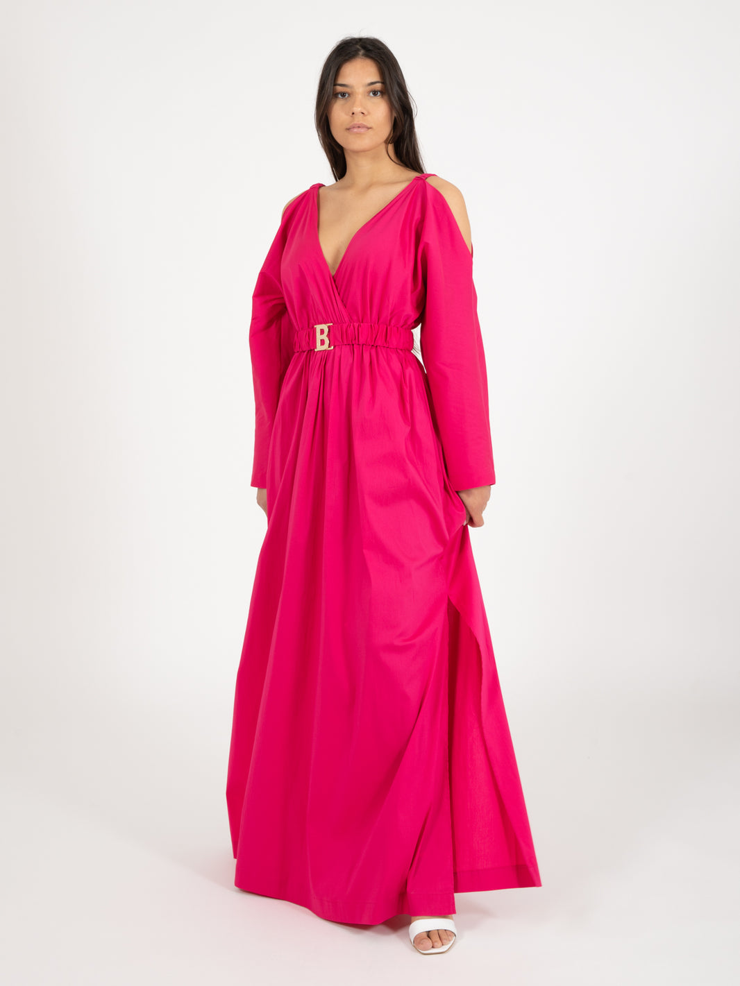 Deep pink long dress with belt
