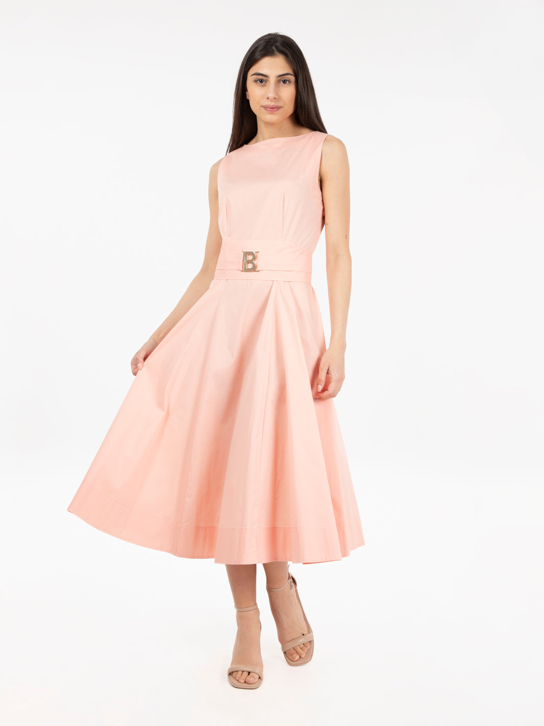 Peach Pearl Belted Midi Dress