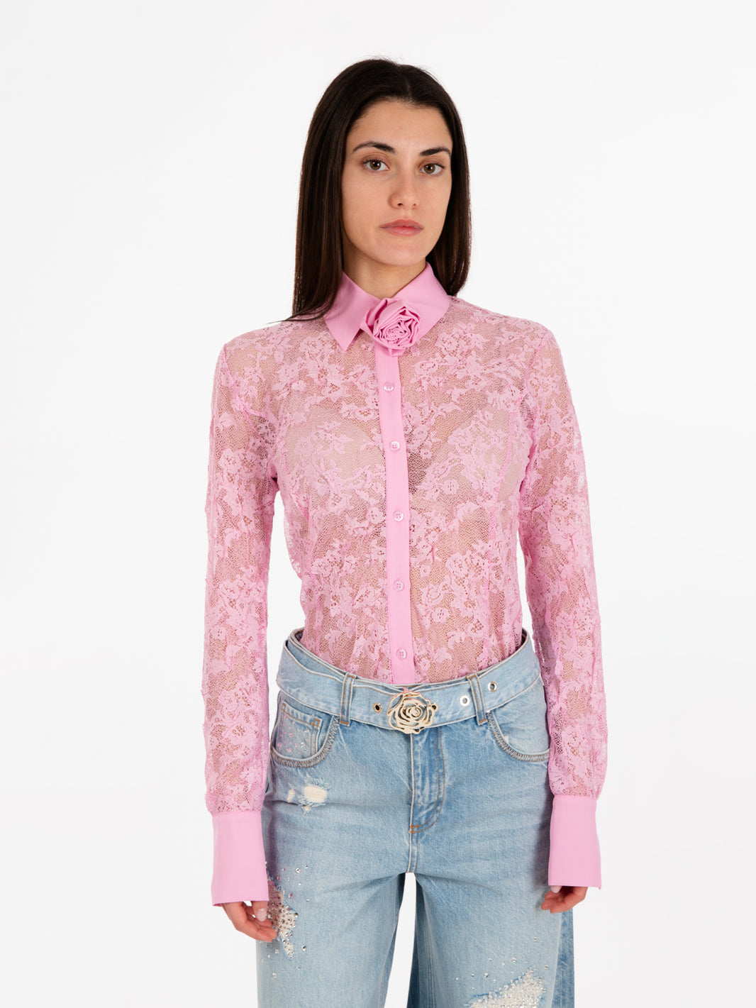Lace shirt with lavender pendant