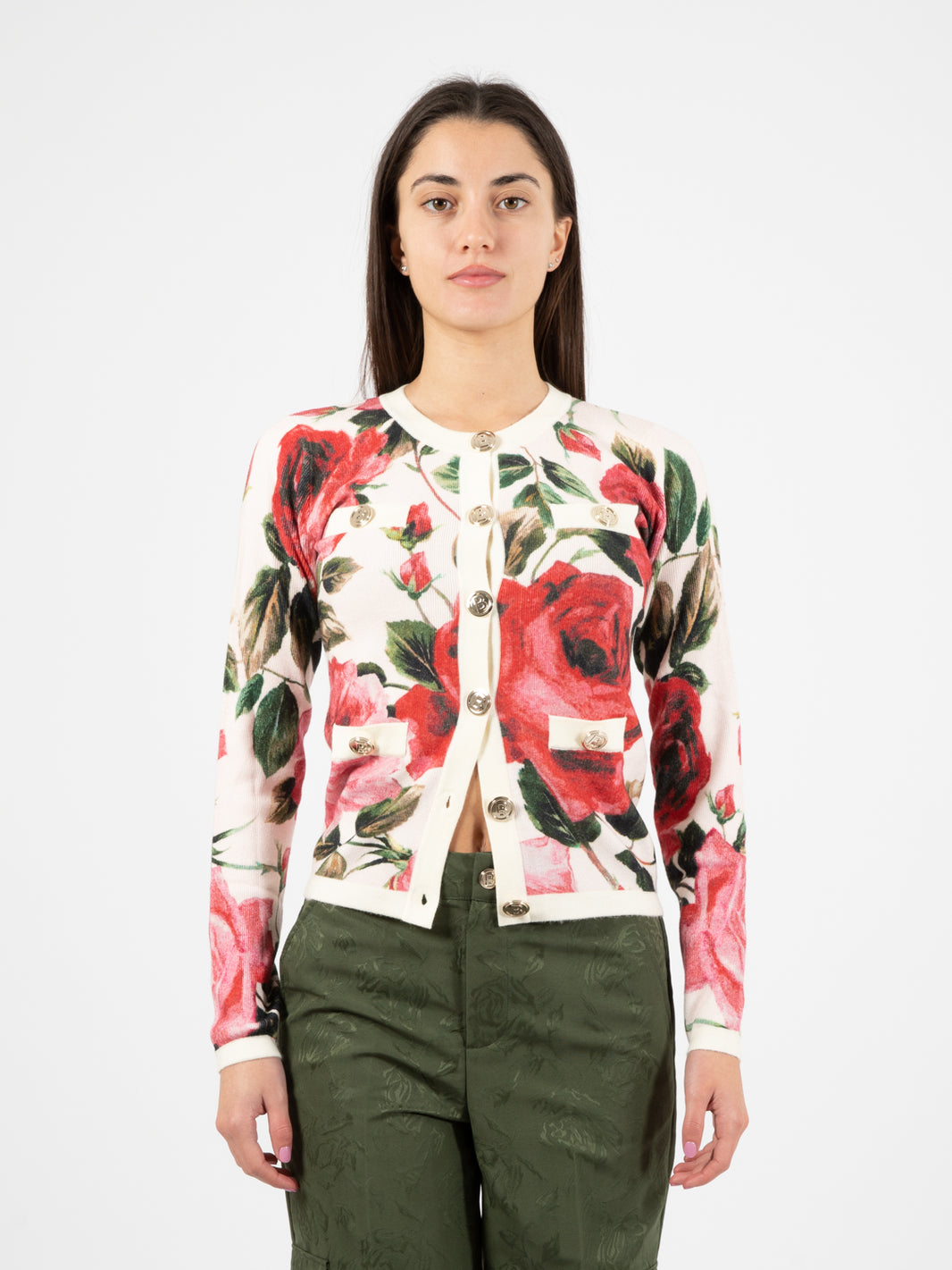 Rose Cardigan with Pockets White/Red