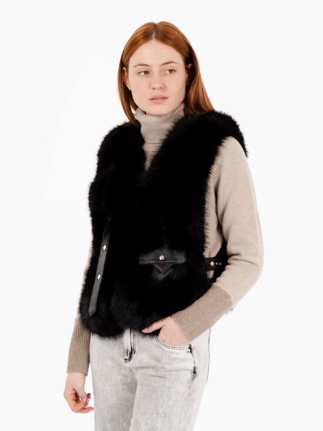 Faux fur vest with black straps