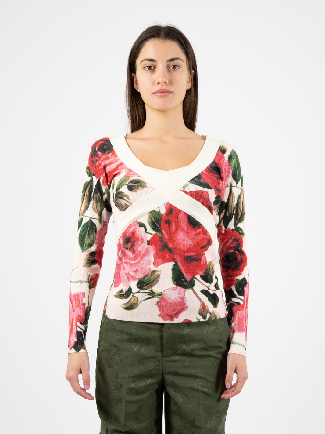 White/Red V-Neck Rose Sweater