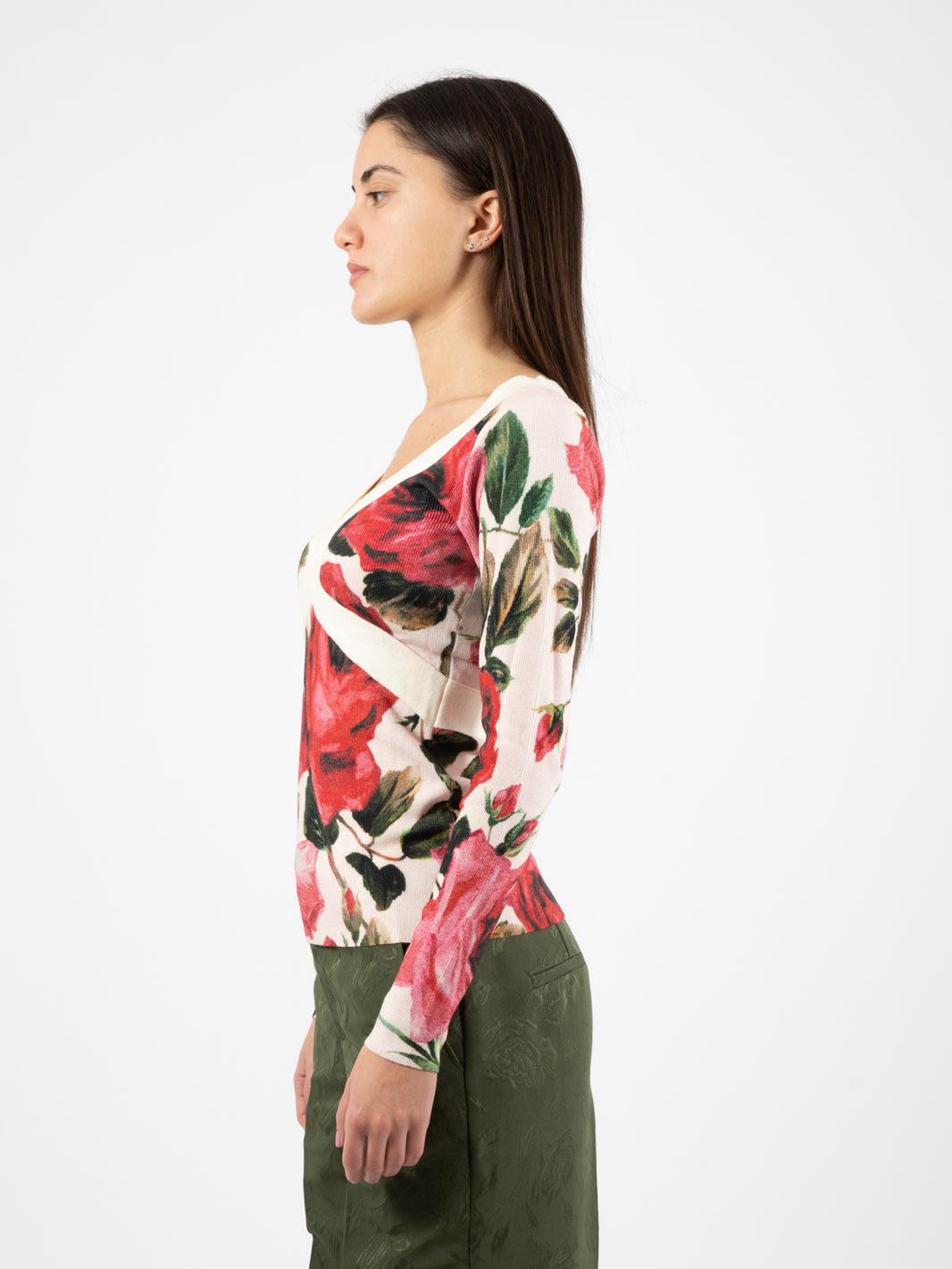 White/Red V-Neck Rose Sweater