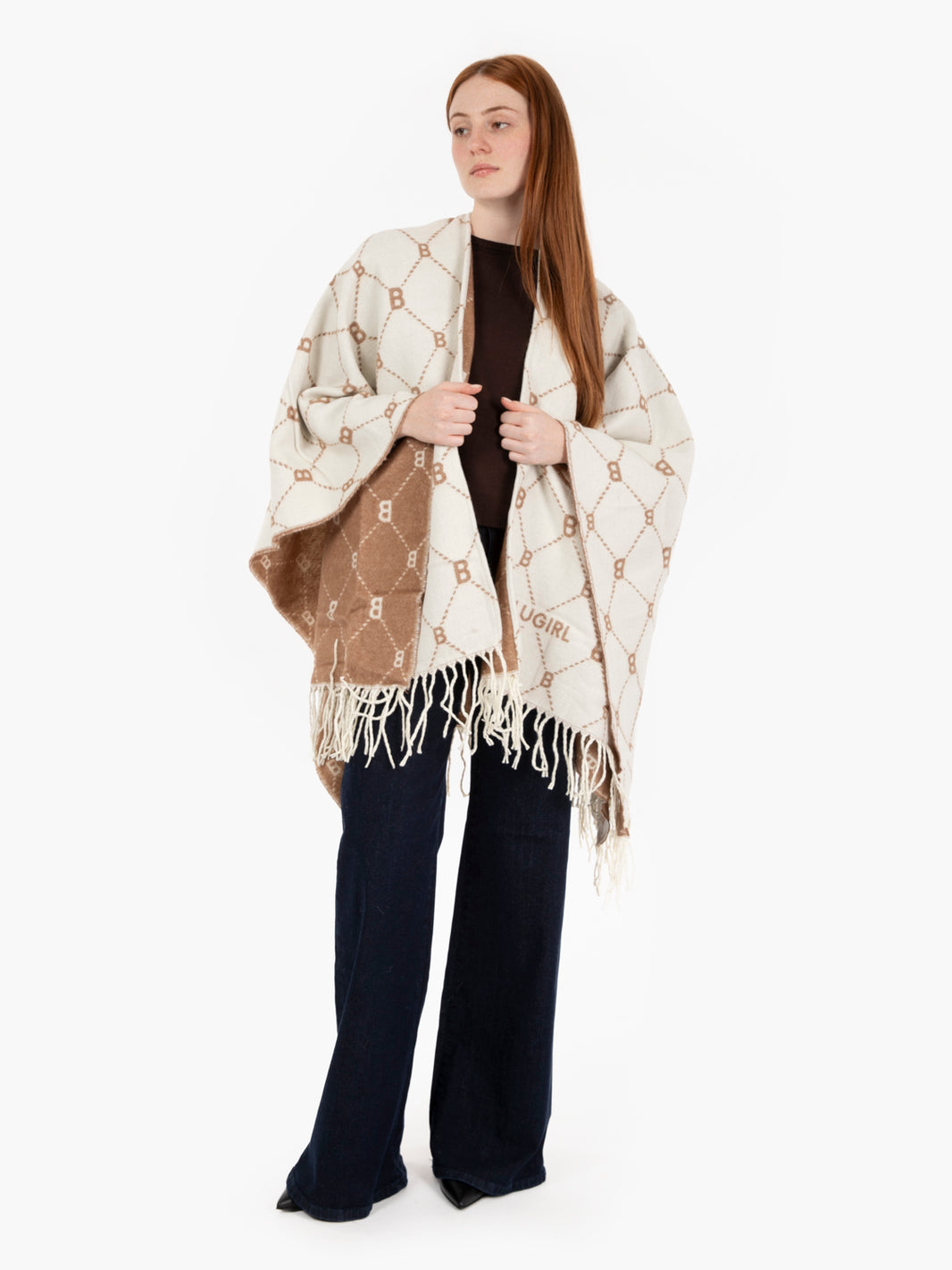 Poncho with beige all-over logo