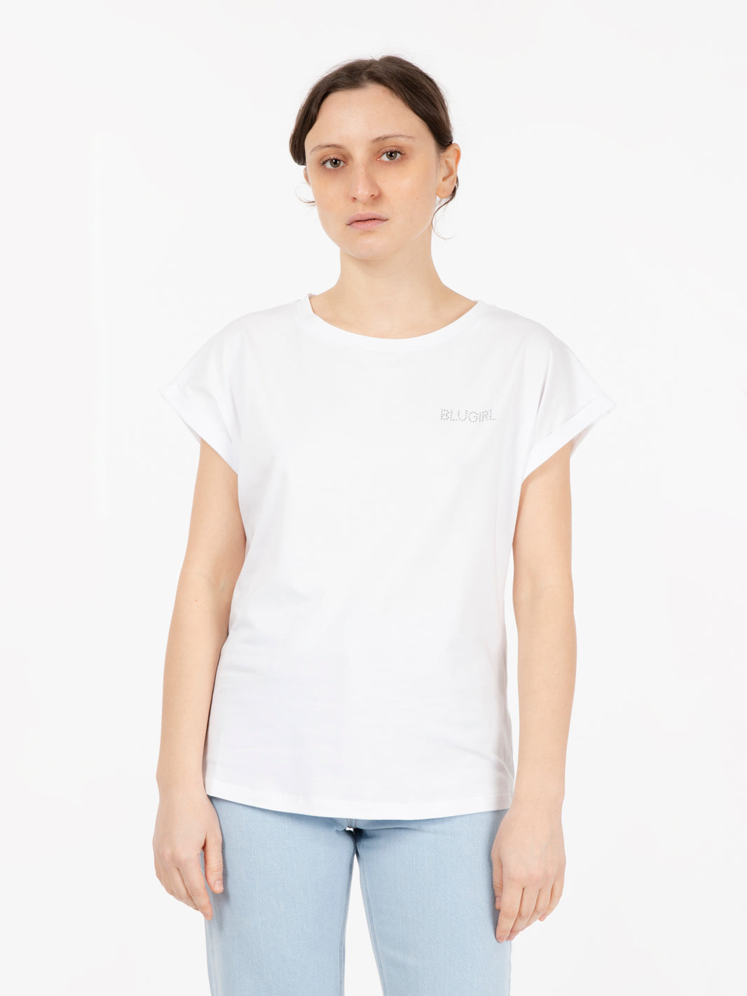 T-shirt logo lettering rhinestone optical white