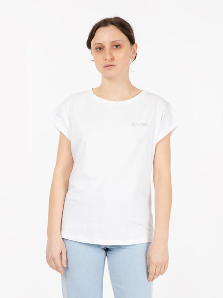 T-shirt logo lettering strass bianco ottico