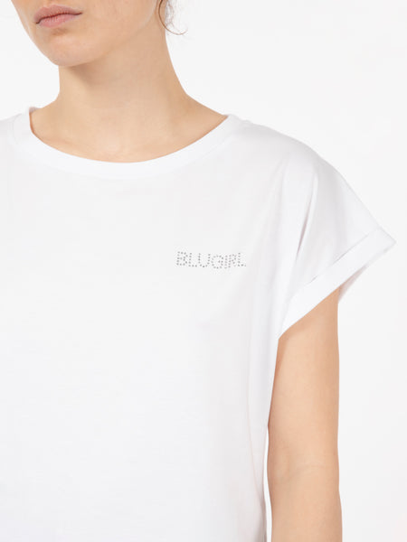 T-shirt logo lettering strass bianco ottico