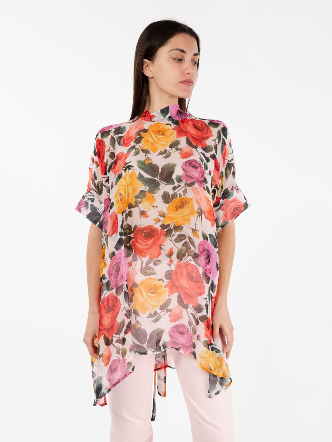 White/multicolor floral sheer tunic