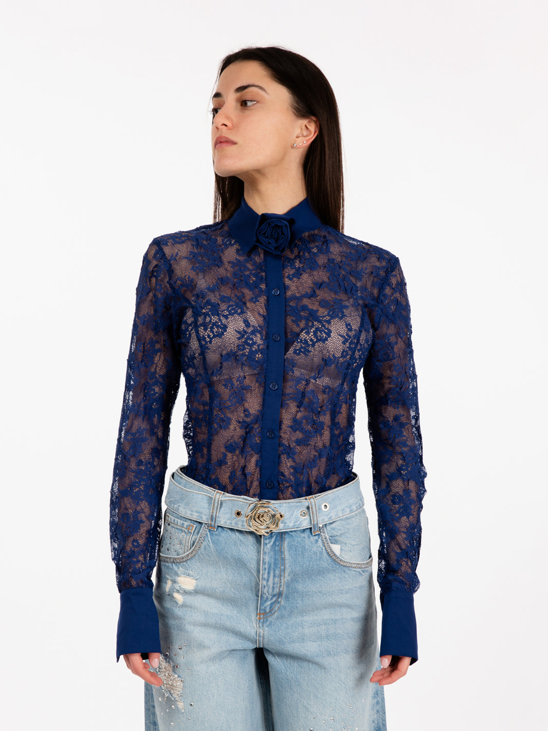 Lace shirt with ink blue pendant