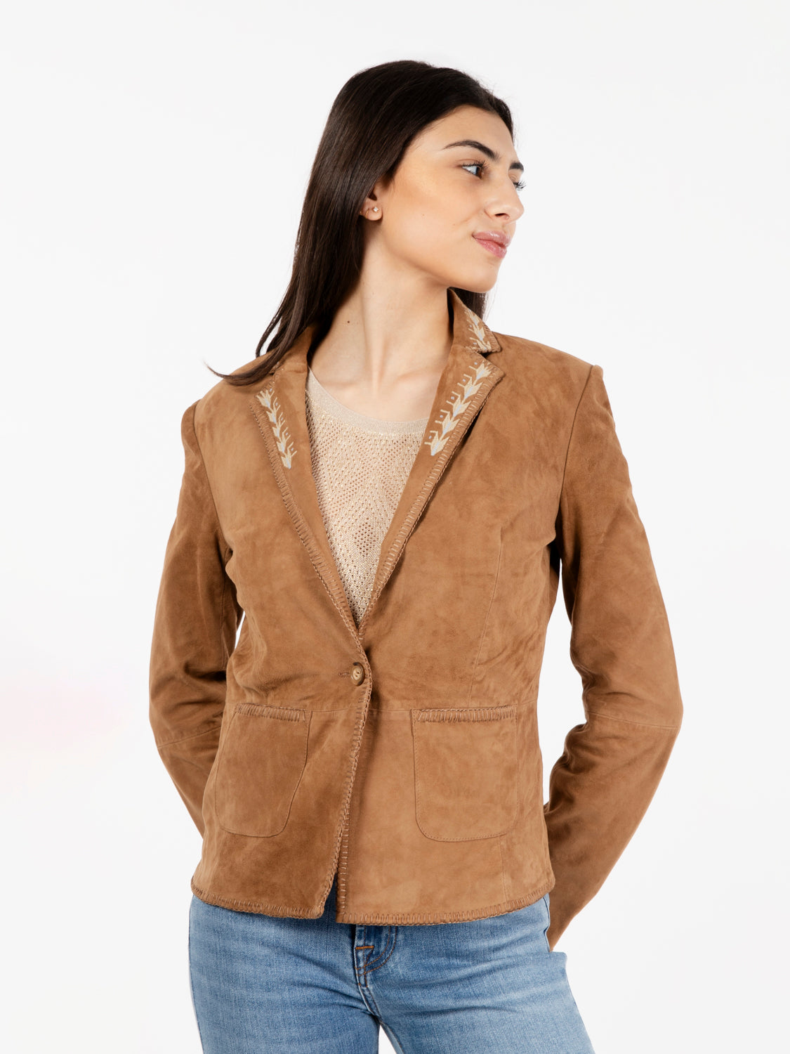 Blazer in suede con ricami cammello