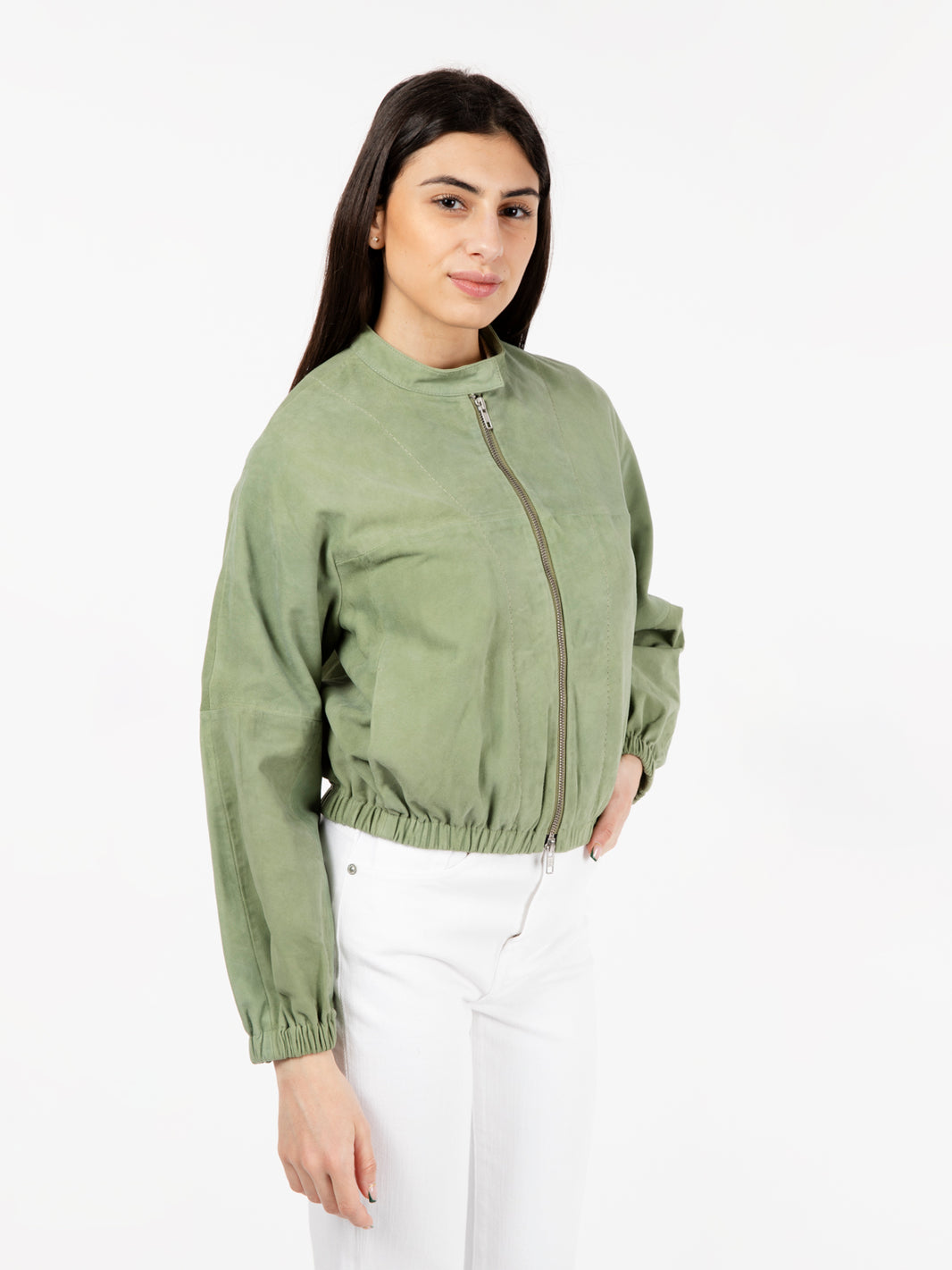 Bomber in camoscio con zip salvia