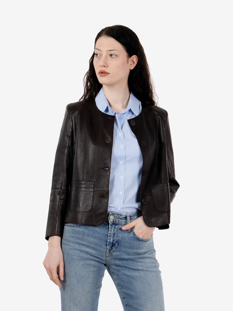 Giacca con scollo rotondo in pelle moro
