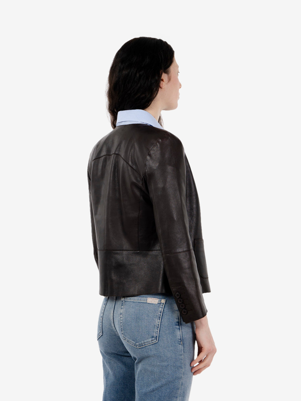 Giacca con scollo rotondo in pelle moro