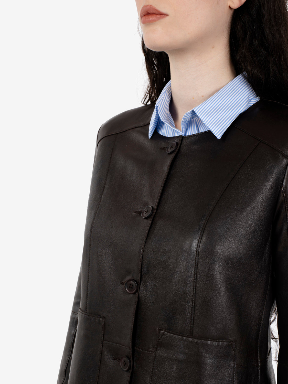 Giacca con scollo rotondo in pelle moro