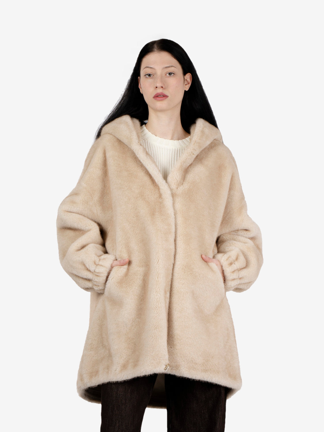 Cream faux fur hooded jacket