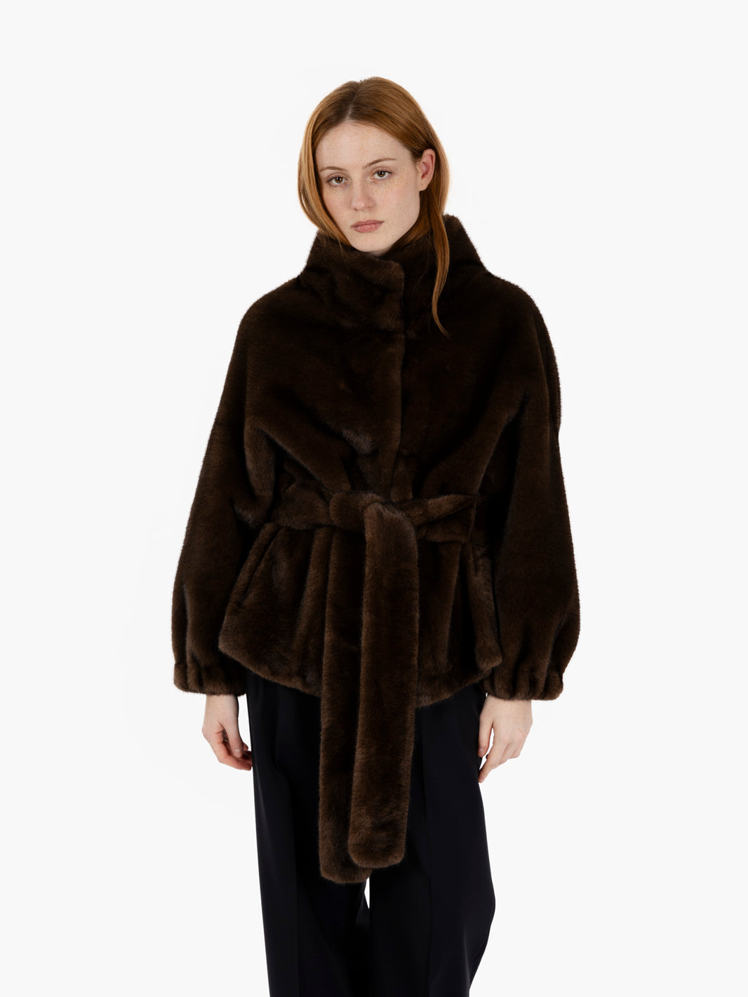 Faux fur with brown sash