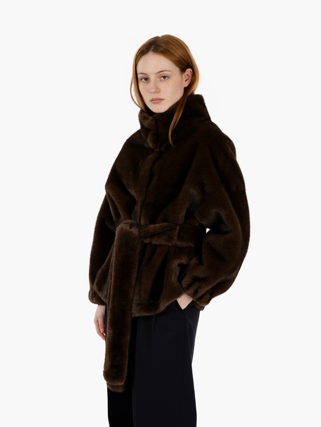 Faux fur with brown sash