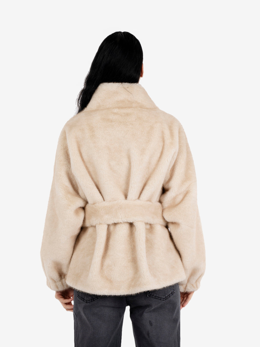 Faux fur coat with cream sash