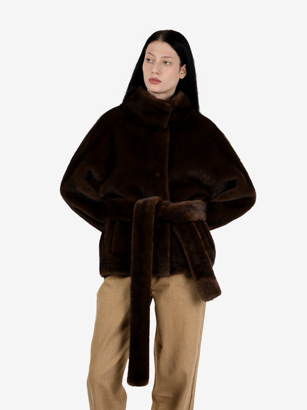 Faux fur coat with a dark chocolate sash