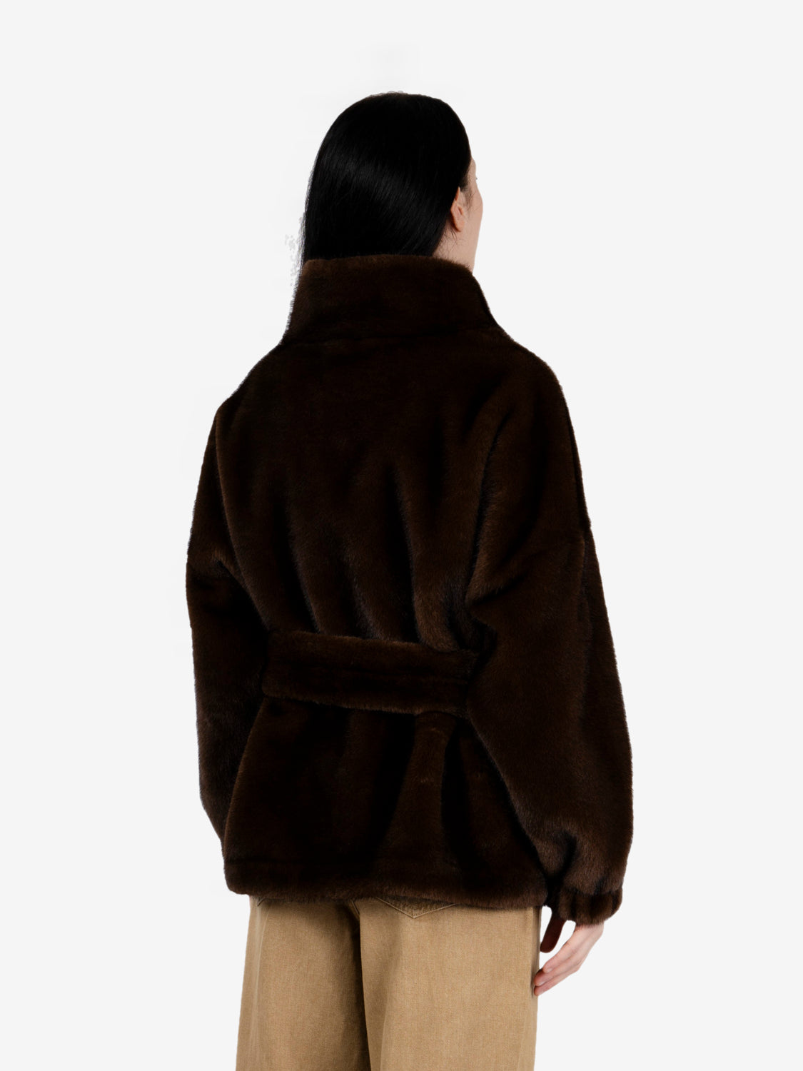 Faux fur coat with a dark chocolate sash