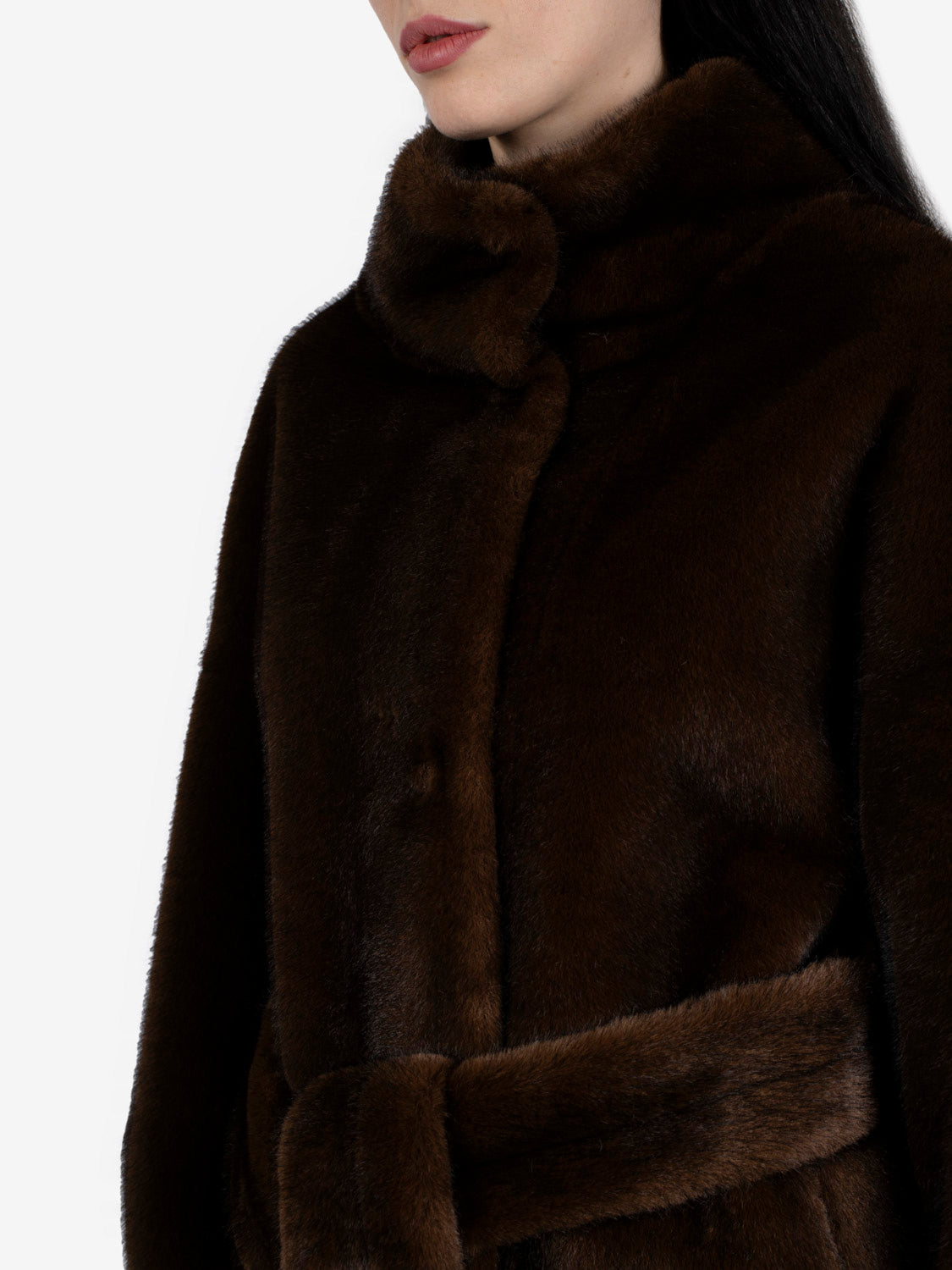 Faux fur coat with a dark chocolate sash