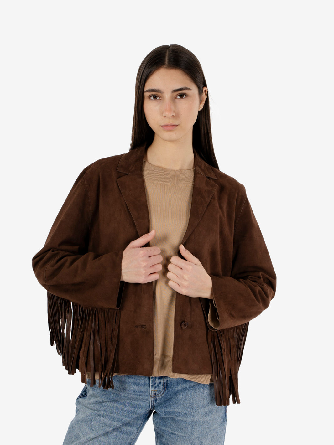Giacca in suede con frange caffè