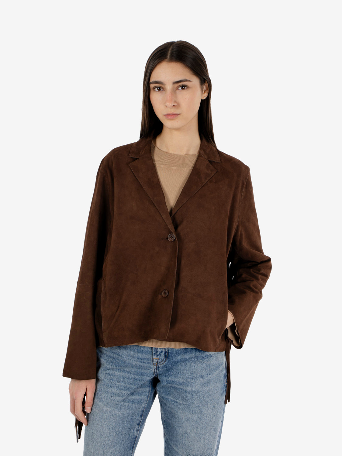 Giacca in suede con frange caffè