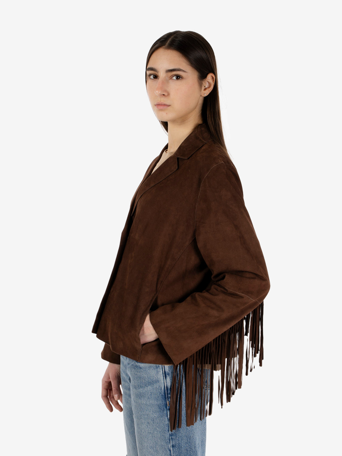 Giacca in suede con frange caffè
