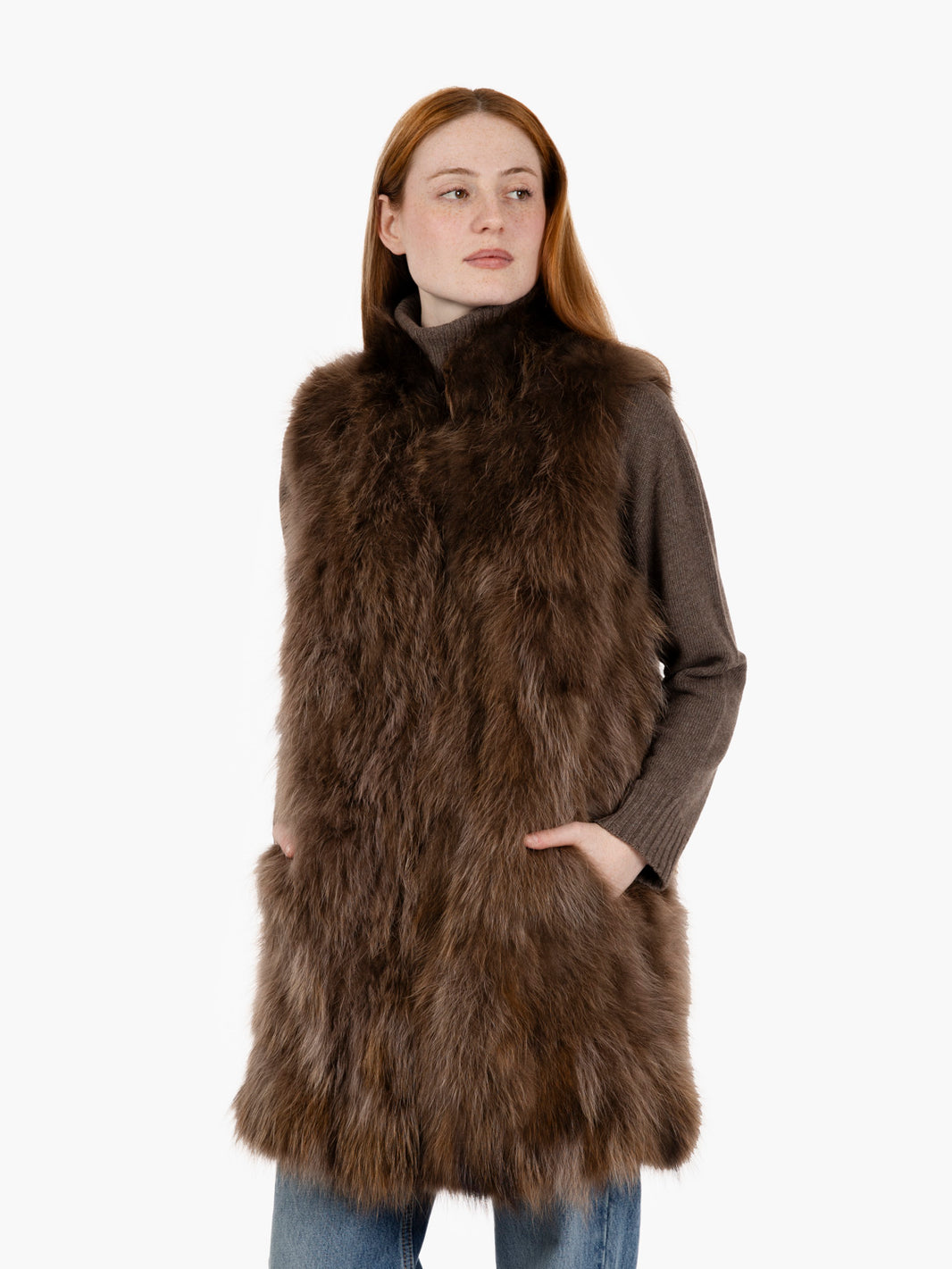 Gilet lungo in racoon cammello