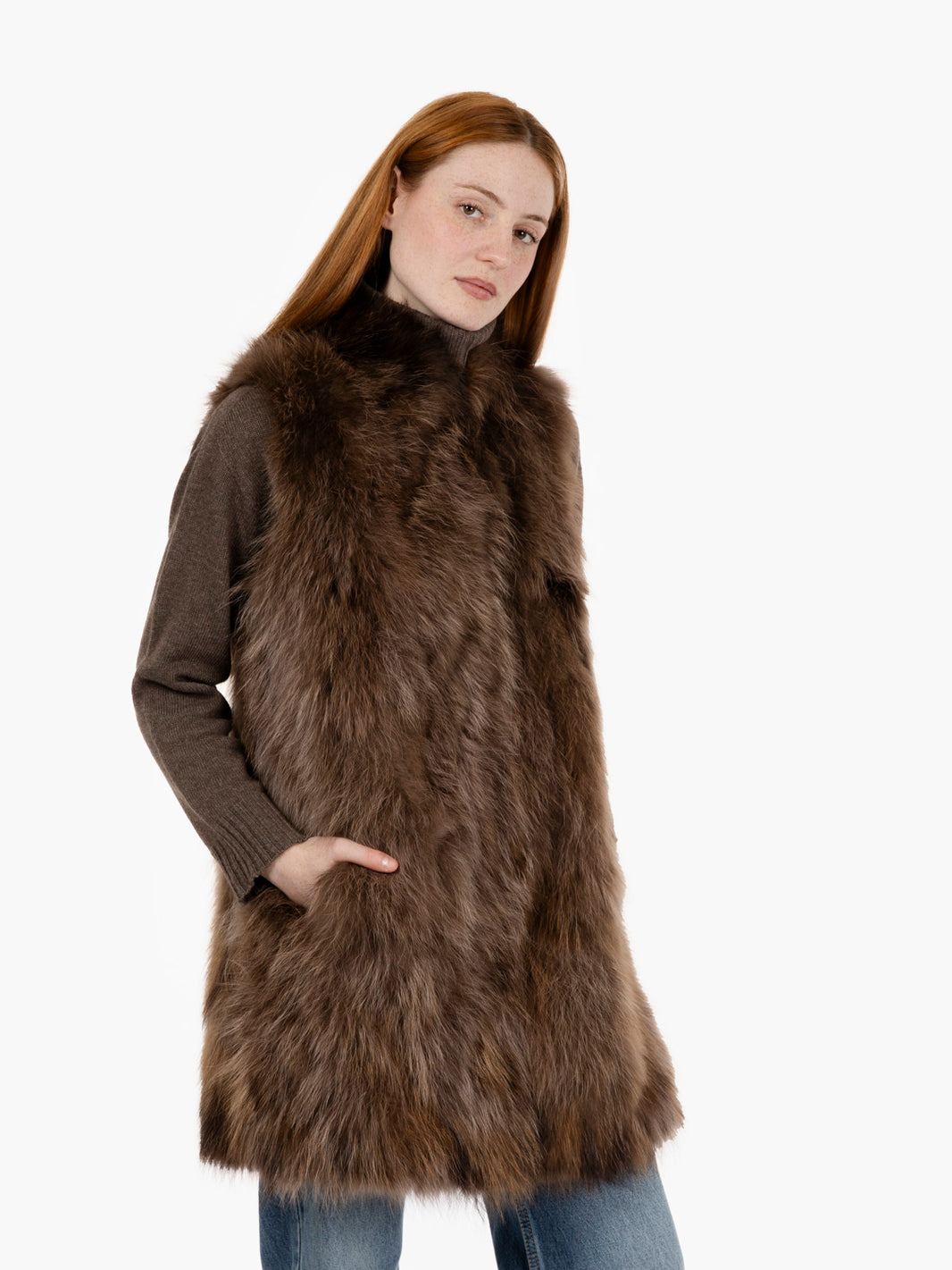 Gilet lungo in racoon cammello