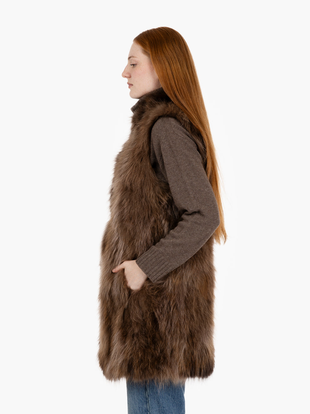 Gilet lungo in racoon cammello