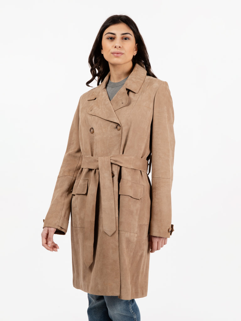 BULLY - Trench in suede con frange taupe
