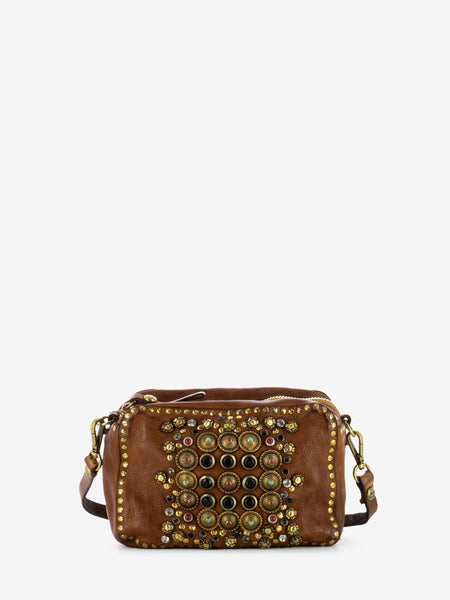 Bauletto mini in pelle con borchie cognac