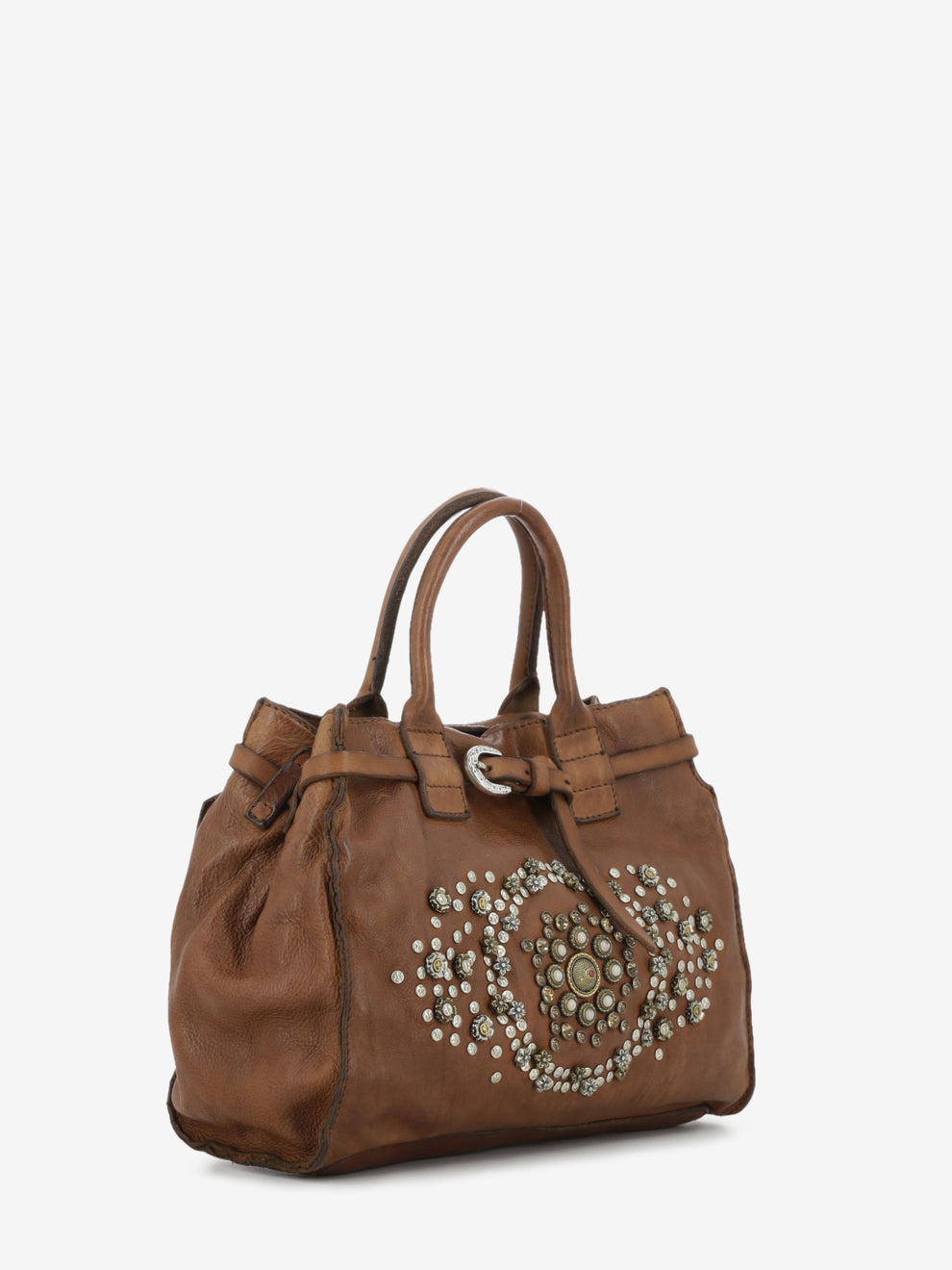 Borsa a mano Rossella in pelle con borchie marrone