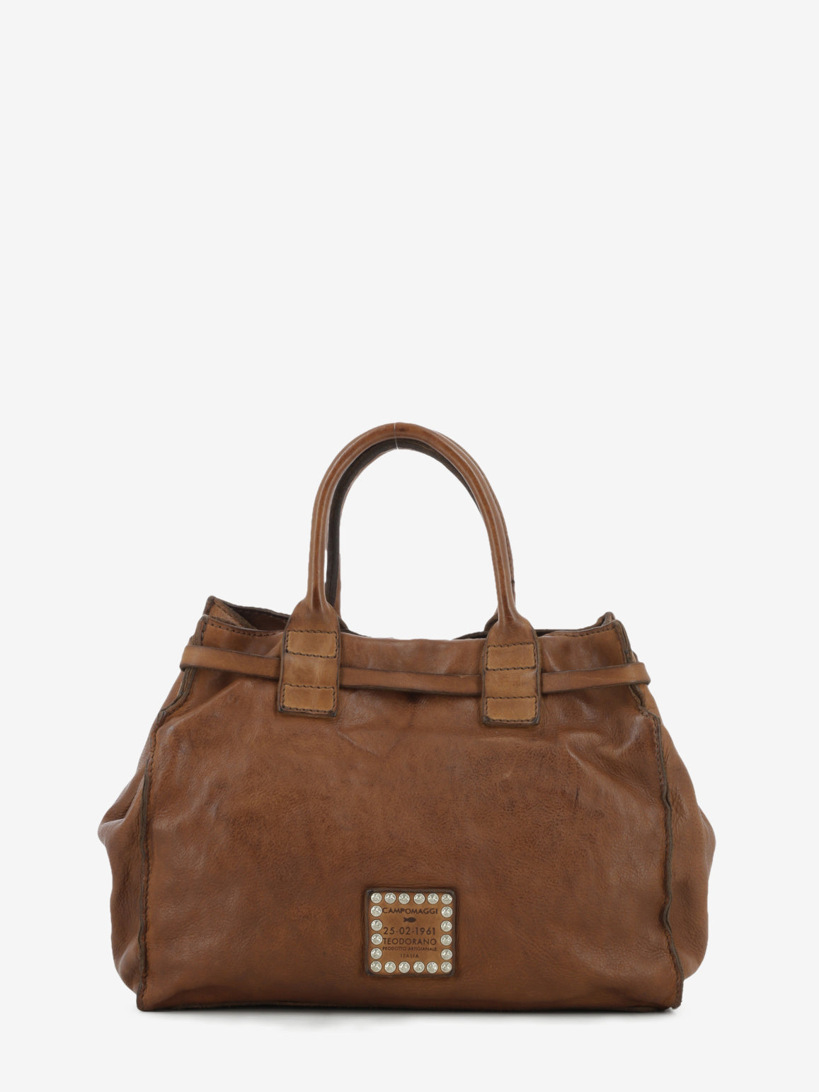 Borsa a mano Rossella in pelle con borchie marrone
