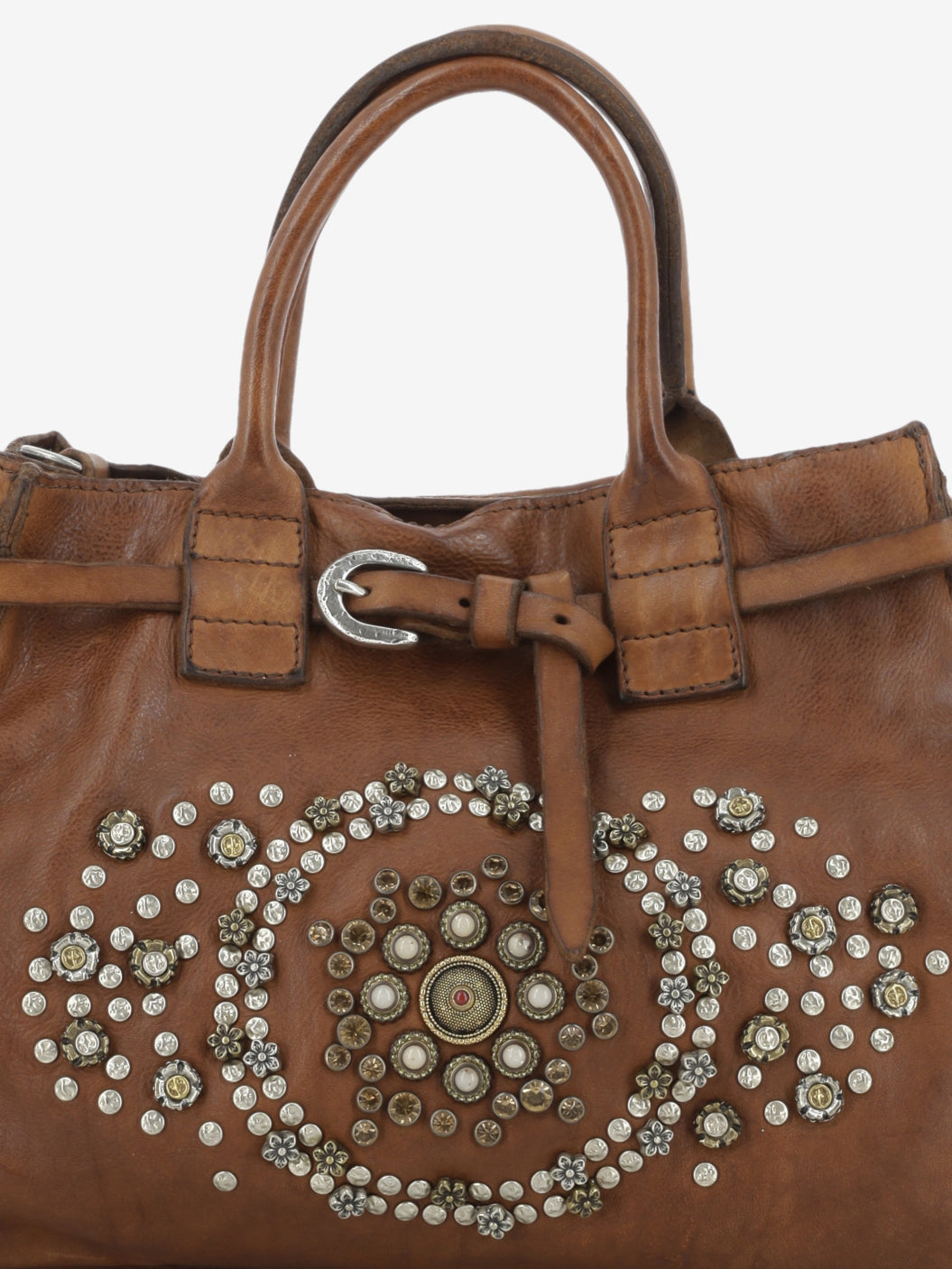 Borsa a mano Rossella in pelle con borchie marrone