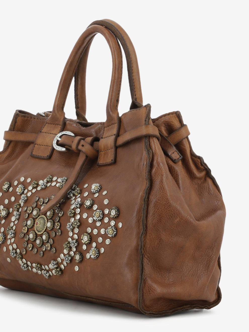 Borsa a mano Rossella in pelle con borchie marrone