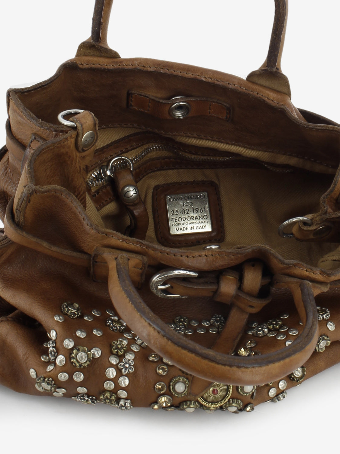 Borsa a mano Rossella in pelle con borchie marrone