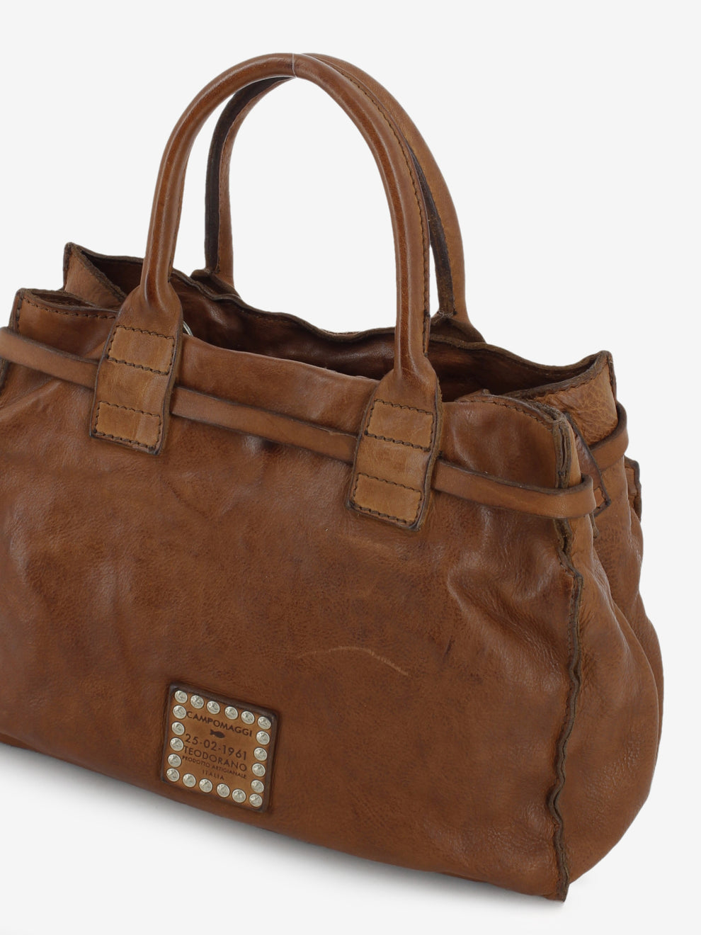 Borsa a mano Rossella in pelle con borchie marrone
