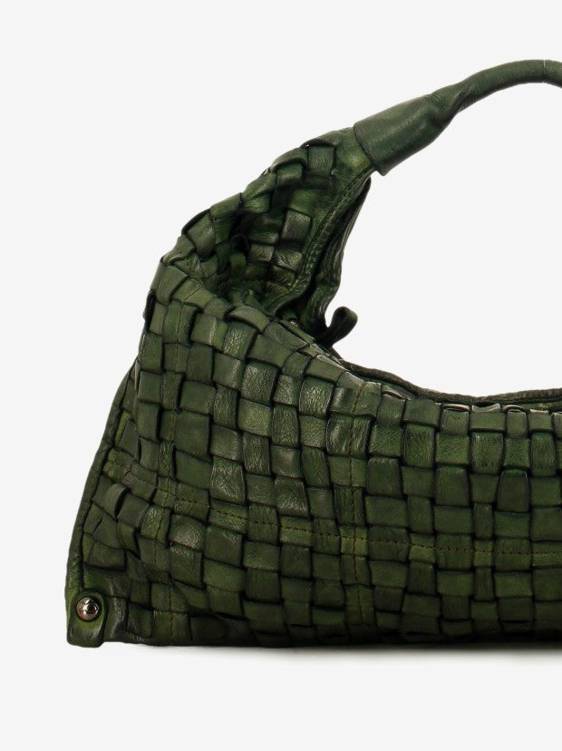 Atena woven bottle green leather shoulder bag