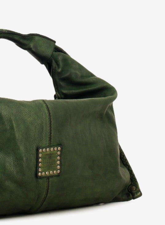 Atena woven bottle green leather shoulder bag