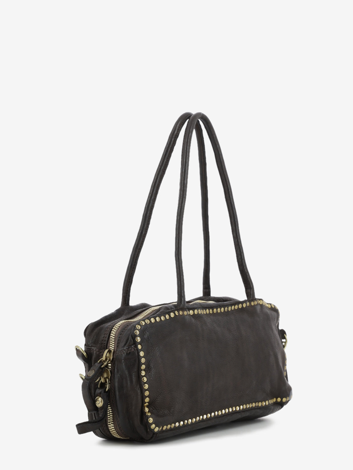 Simona dark brown studded leather Boston bag