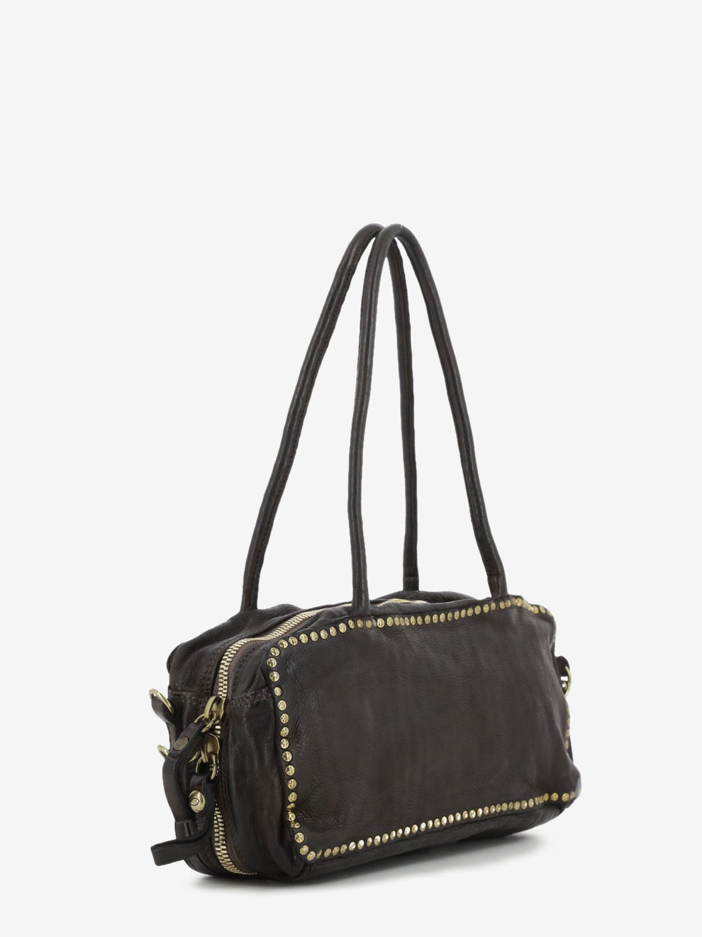 Simona dark brown studded leather Boston bag