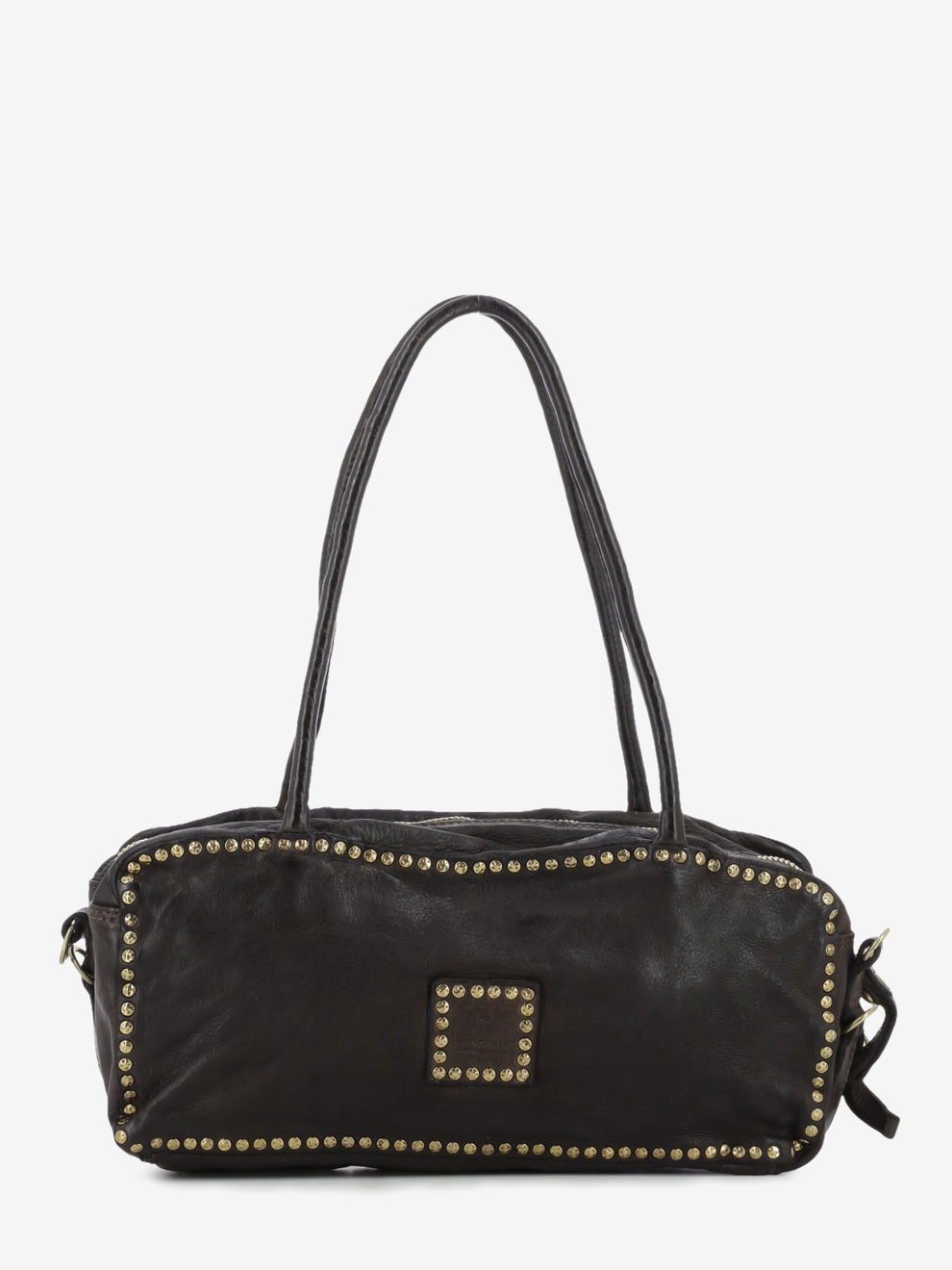 Simona dark brown studded leather Boston bag