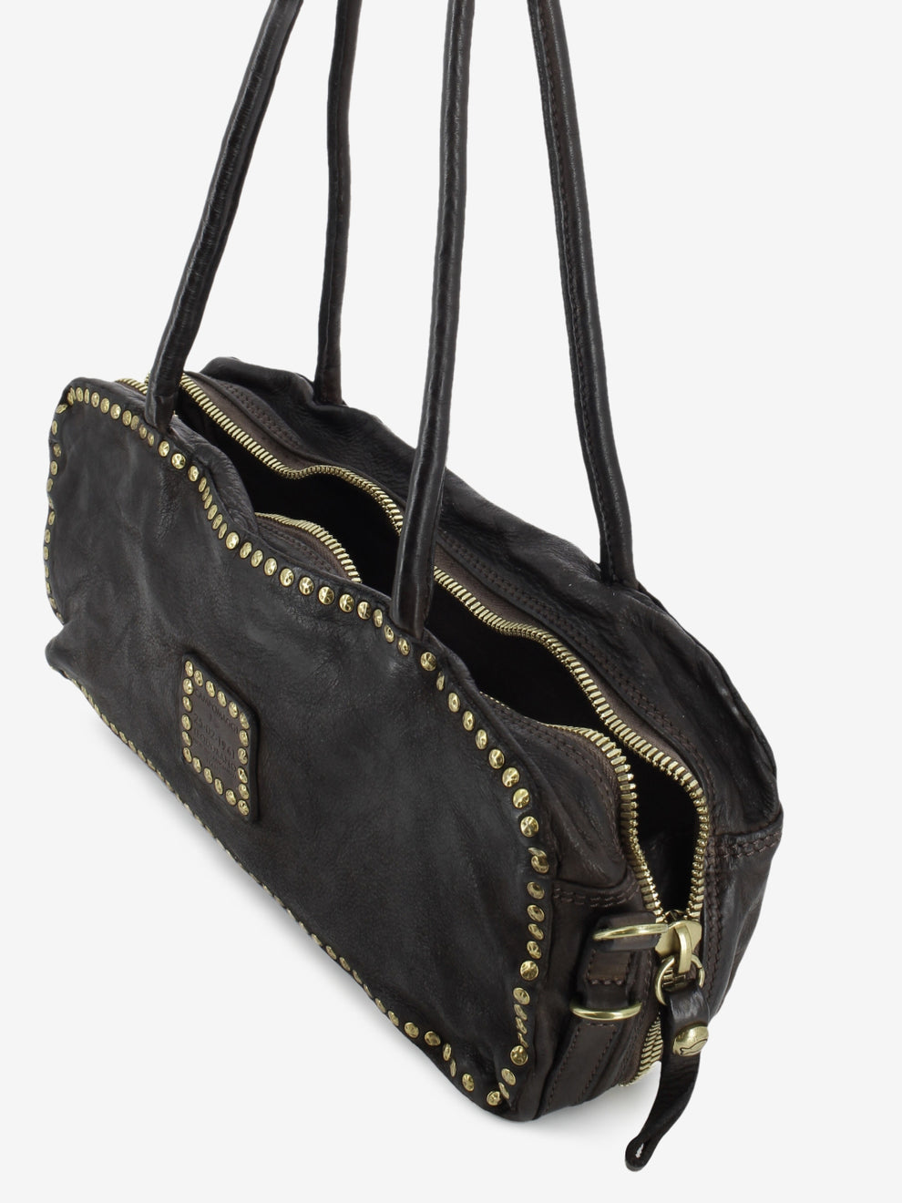 Simona dark brown studded leather Boston bag